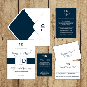 Wedding inviation with navy belly band, envelope with navy liner, detail & rsvp cards